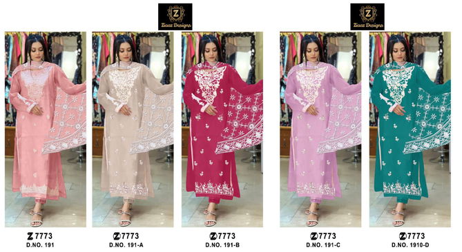 191 and 191 A To D Ziaaz Designs Embroidery Organza Pakistani Suits Wholesale Market In Surat